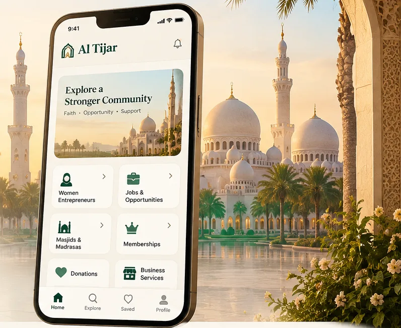 Al Tijar app on a phone in front of a mosque at sunset